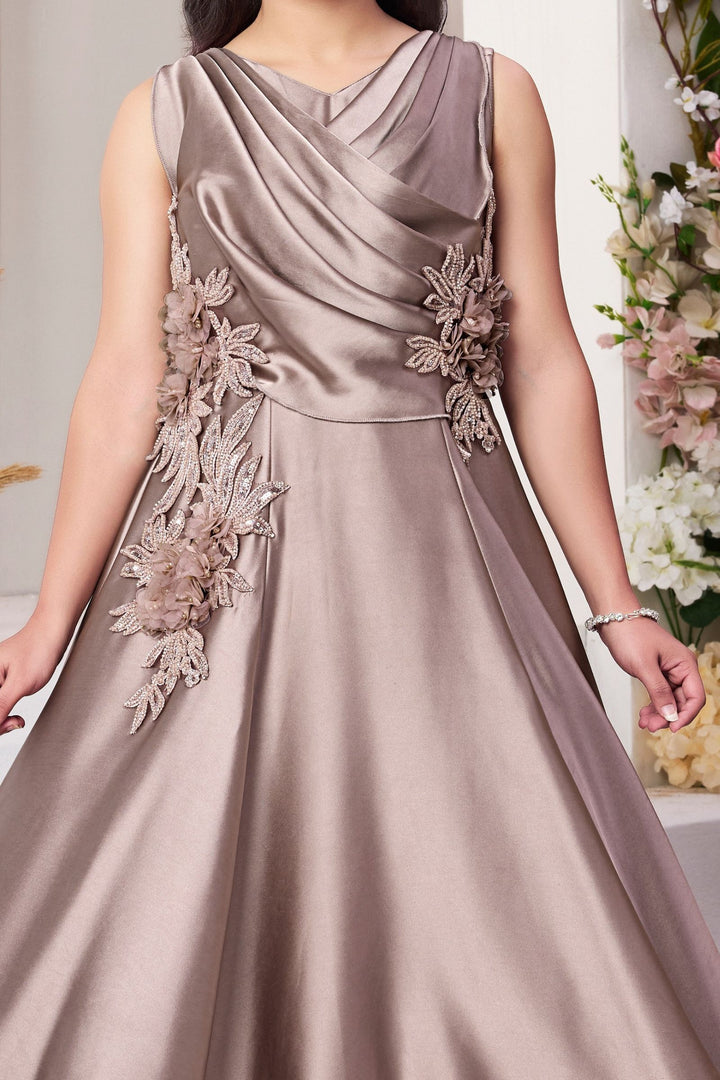 Gold Beads and Sequins work Long Party Gown for Girls