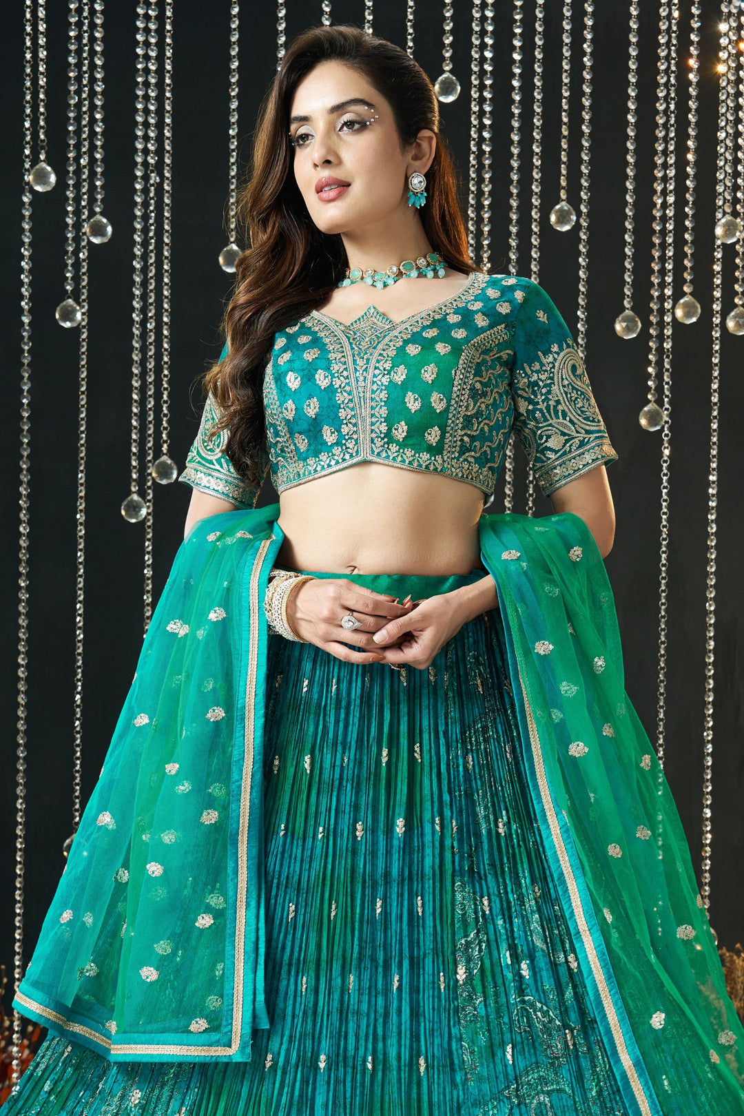 Peacock Blue with Green Sequins and Zari work with Digital Print Crop Top Lehenga