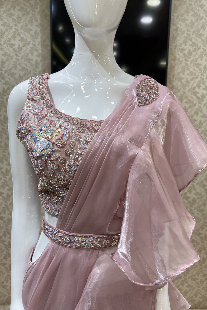 Onion Pink  Readymade Fancy Saree with Readymade Blouse with Belt