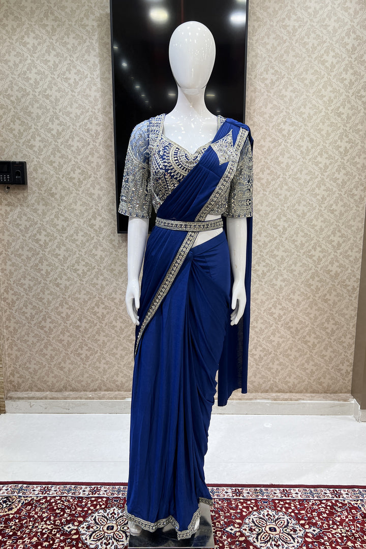 Royal Blue Readymade Fancy Saree with Readymade Blouse with Belt