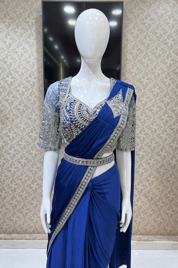 Royal Blue Readymade Fancy Saree with Readymade Blouse with Belt