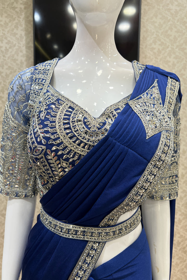 Royal Blue Readymade Fancy Saree with Readymade Blouse with Belt