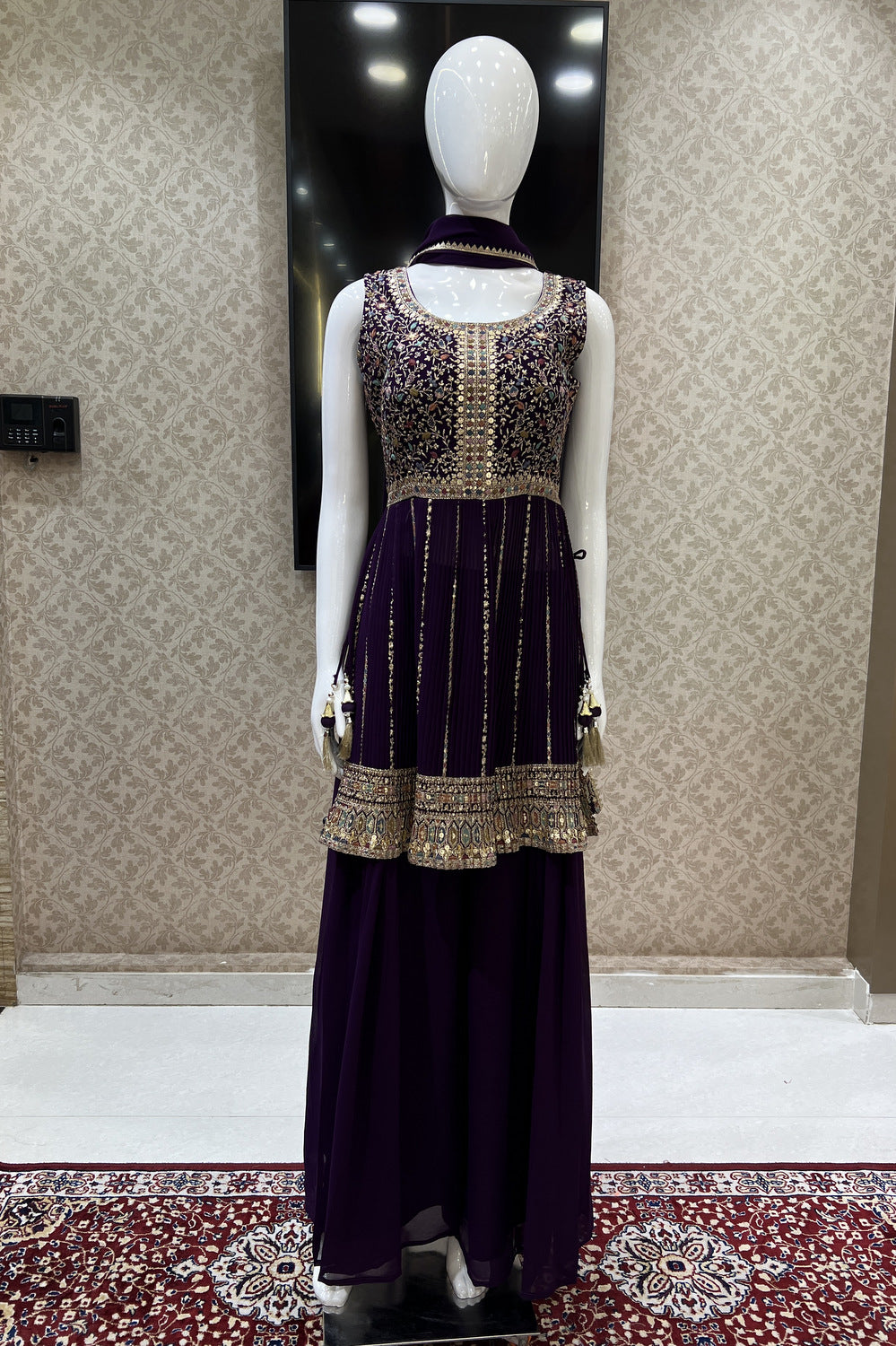 Wine Multicolor Thread, Zari and Sequins work Palazzo Salwar Suit