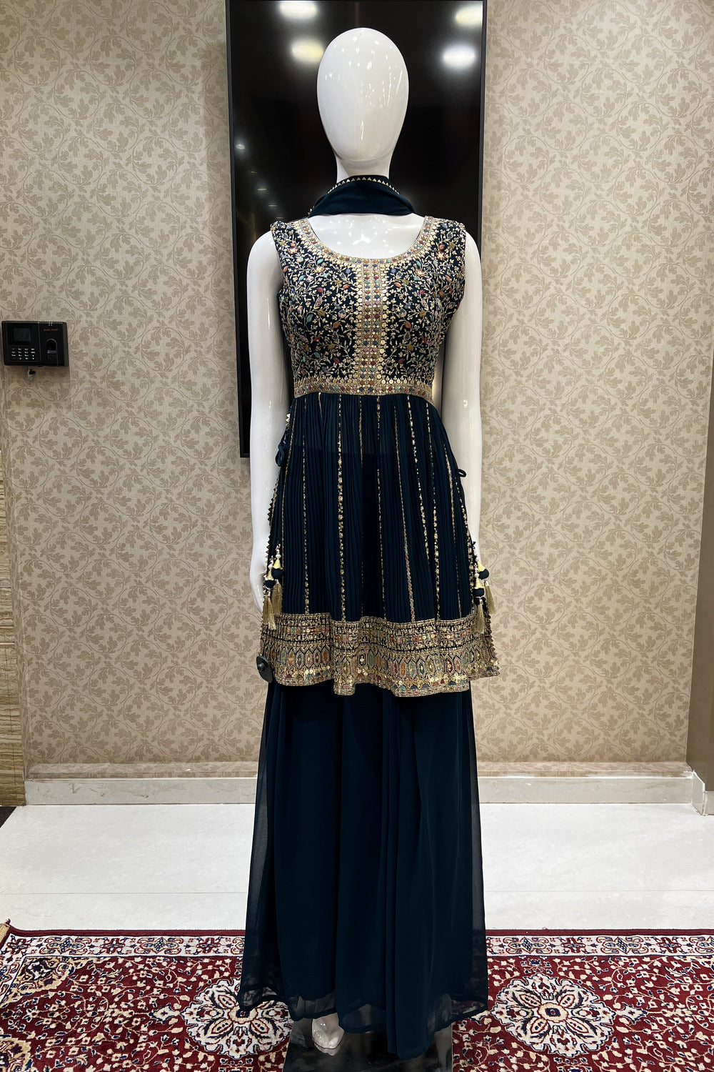 Peacock Blue Multicolor Thread, Zari and Sequins work Palazzo Salwar Suit