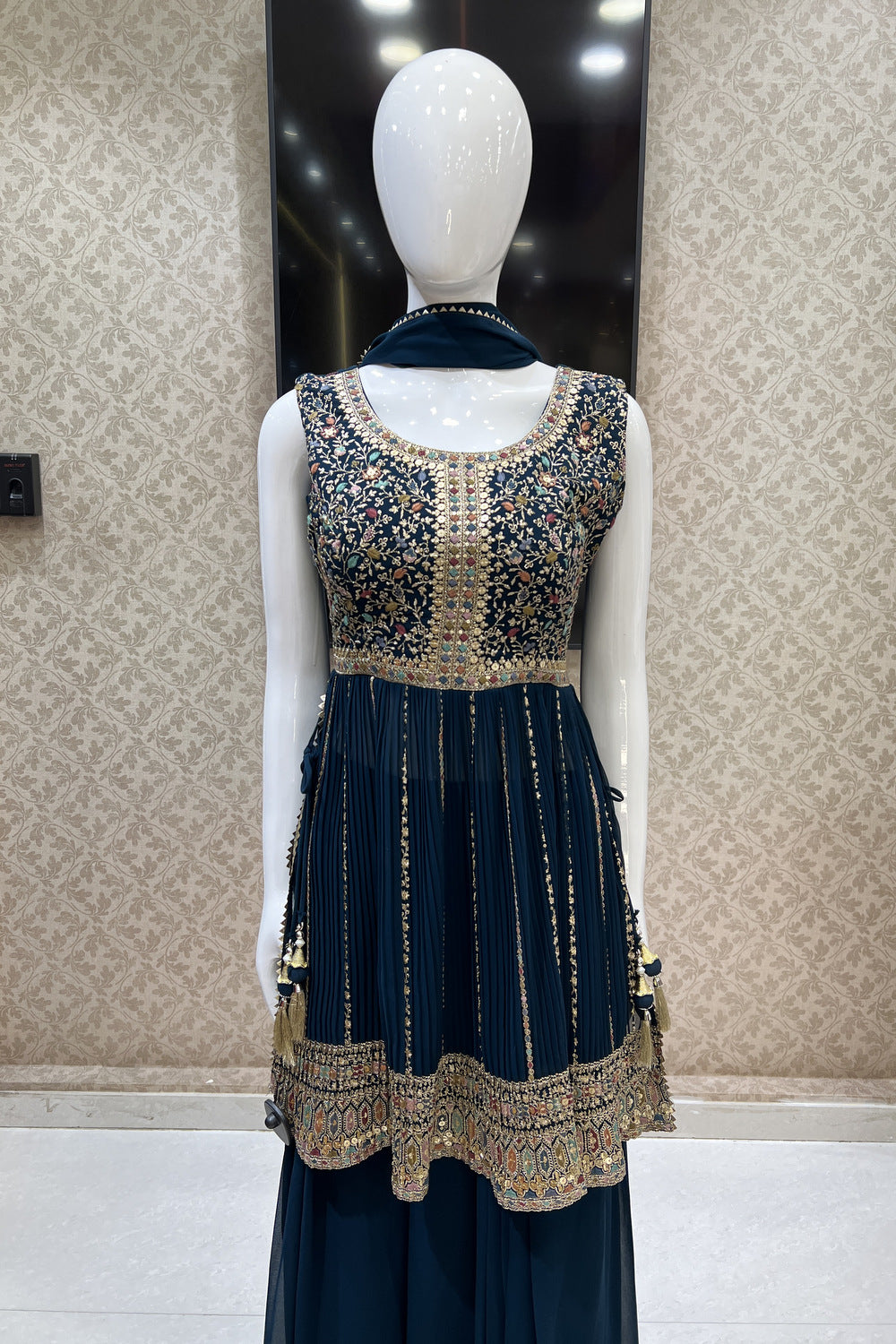 Peacock Blue Multicolor Thread, Zari and Sequins work Palazzo Salwar Suit