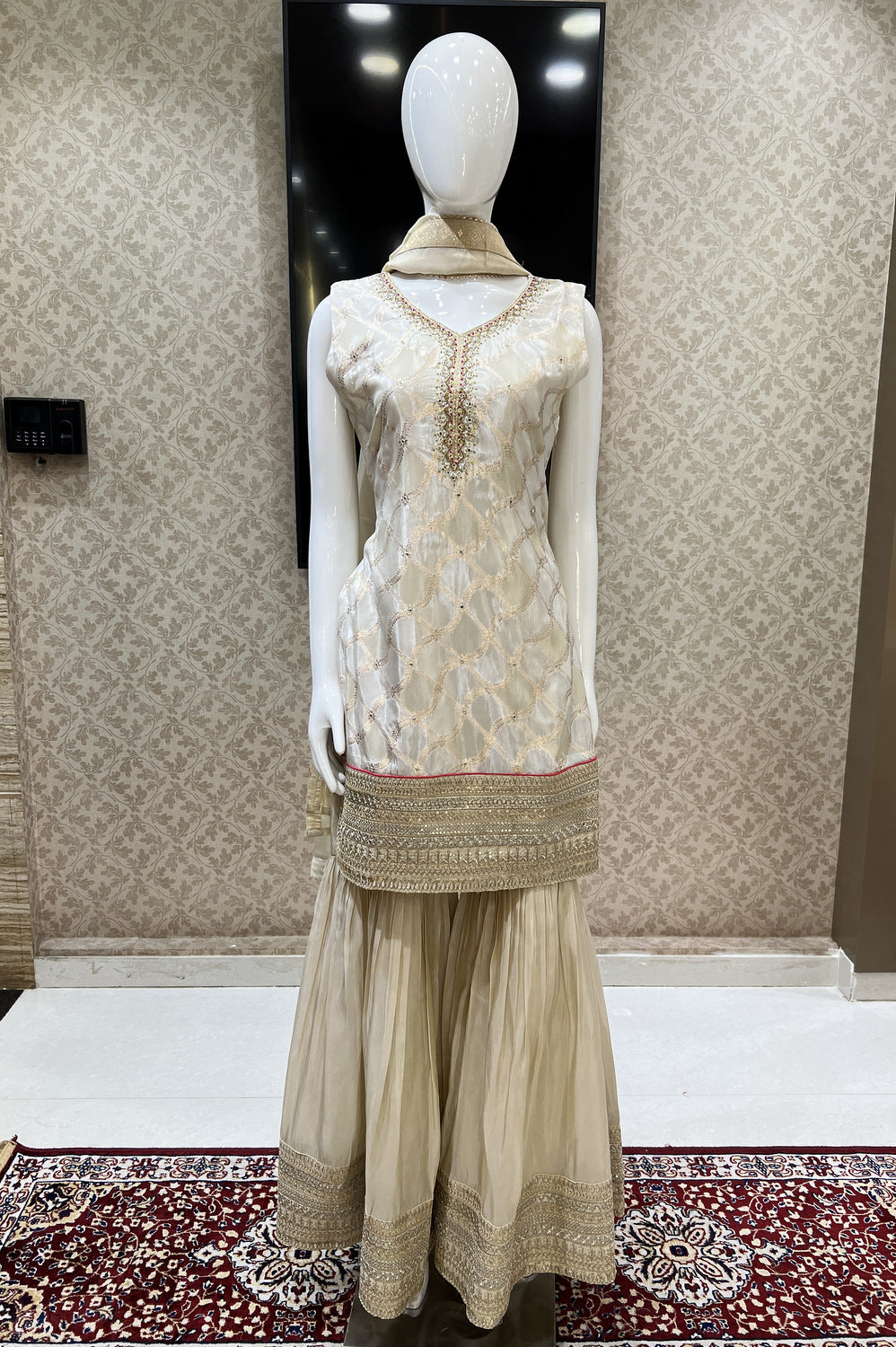 Beige Zari, Sequins, Mirror, Beads, Thread and Zardozi work Sharara Salwar Suit