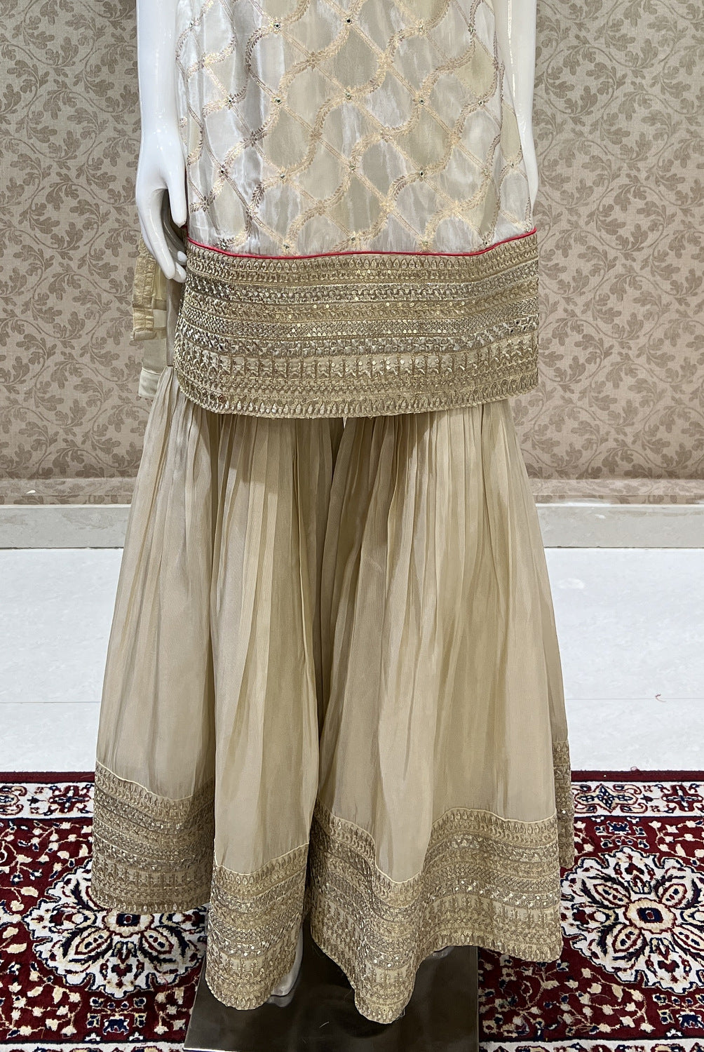 Beige Zari, Sequins, Mirror, Beads, Thread and Zardozi work Sharara Salwar Suit