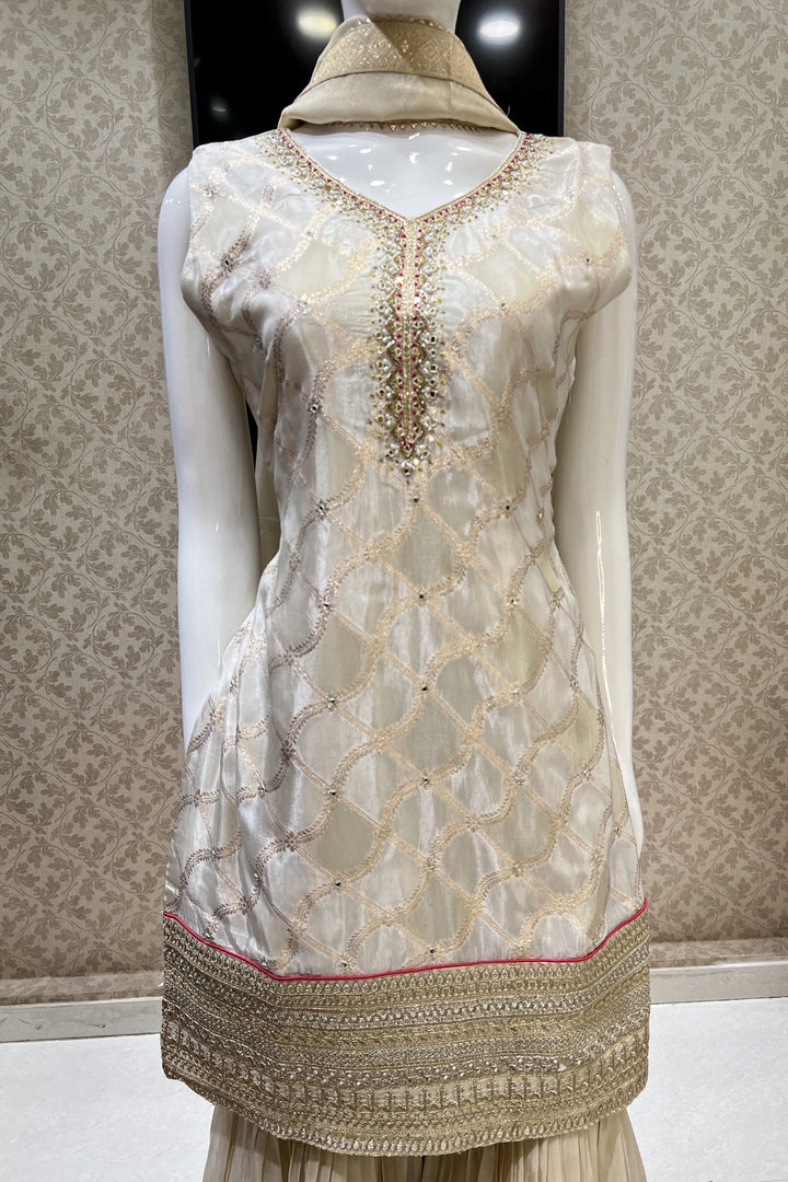 Beige Zari, Sequins, Mirror, Beads, Thread and Zardozi work Sharara Salwar Suit