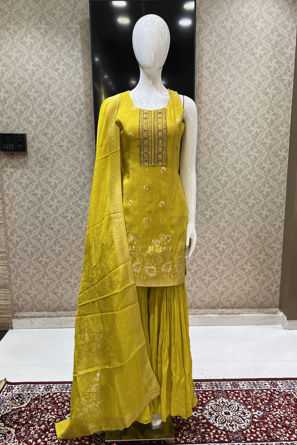 Liril Green Zari, Mirror, Beads and Zardozi work Sharara Salwar Suit