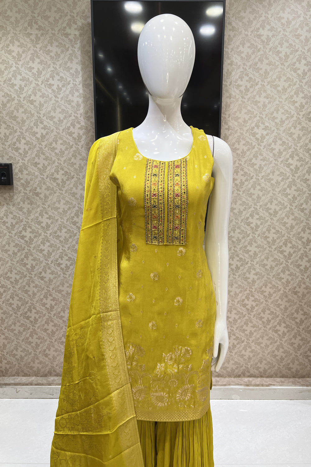 Liril Green Zari, Mirror, Beads and Zardozi work Sharara Salwar Suit