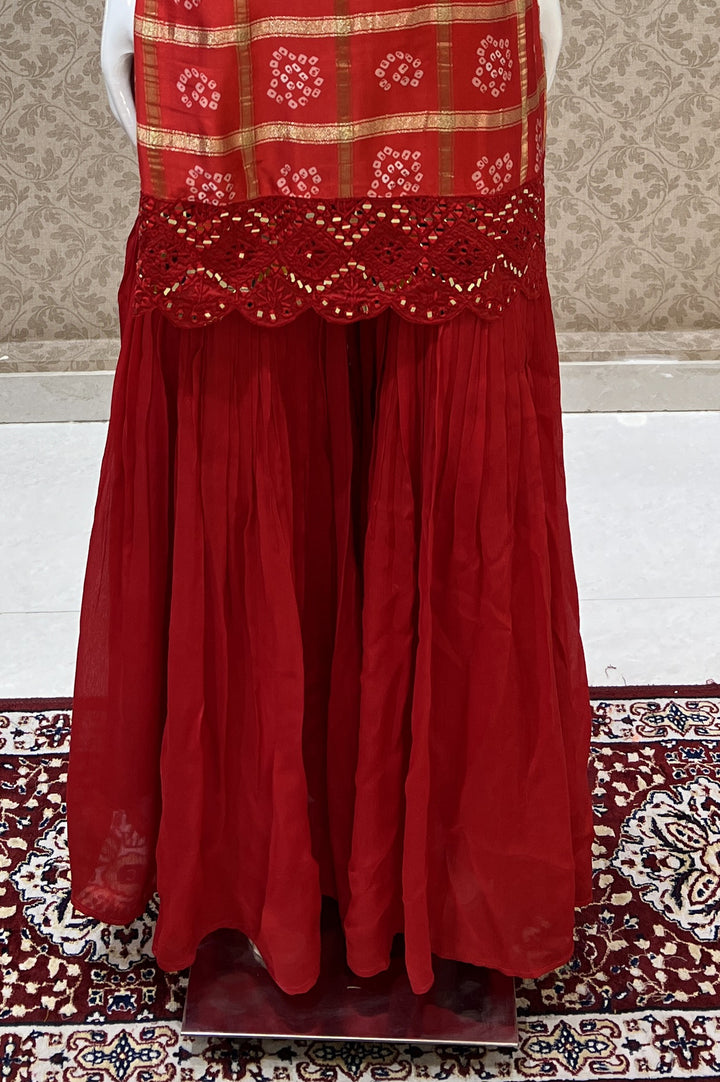 Red Mirror, Beads, Zardozi and Thread work with Bandini Print Sharara Salwar Suit