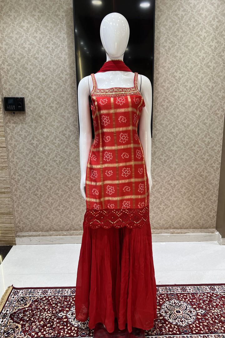 Red Mirror, Beads, Zardozi and Thread work with Bandini Print Sharara Salwar Suit