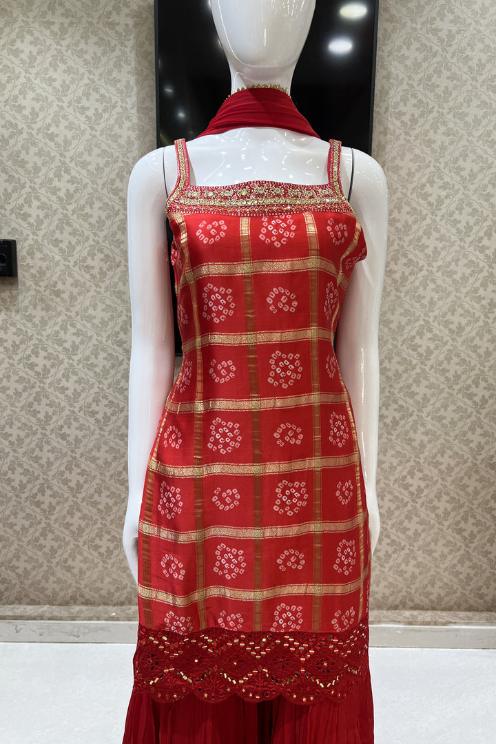 Red Mirror, Beads, Zardozi and Thread work with Bandini Print Sharara Salwar Suit