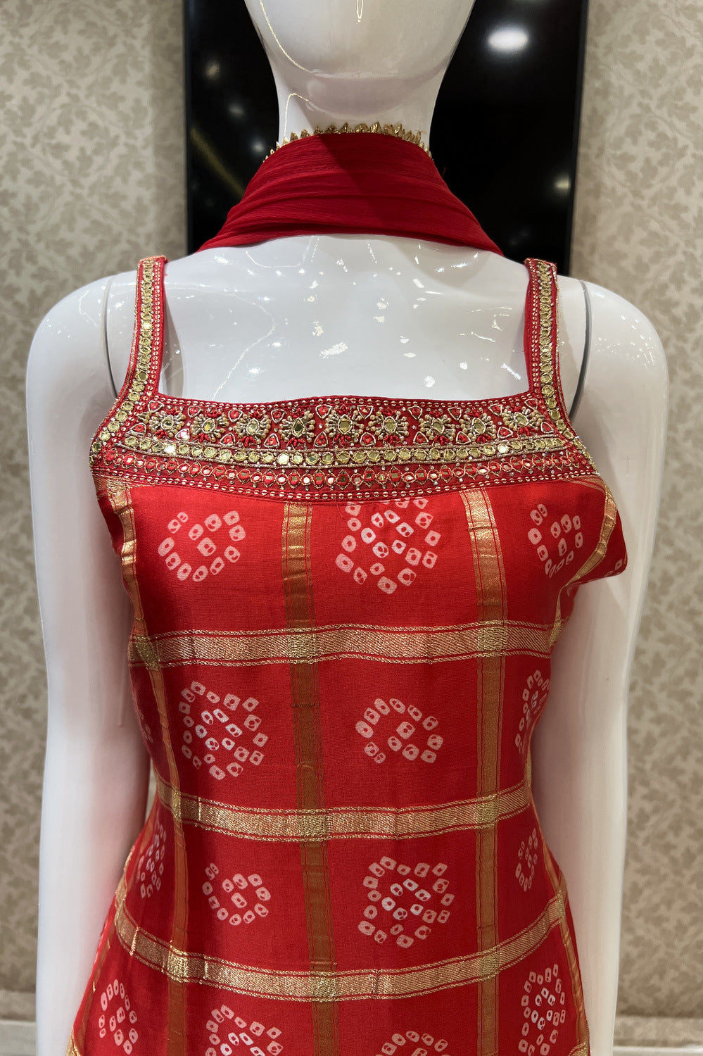 Red Mirror, Beads, Zardozi and Thread work with Bandini Print Sharara Salwar Suit