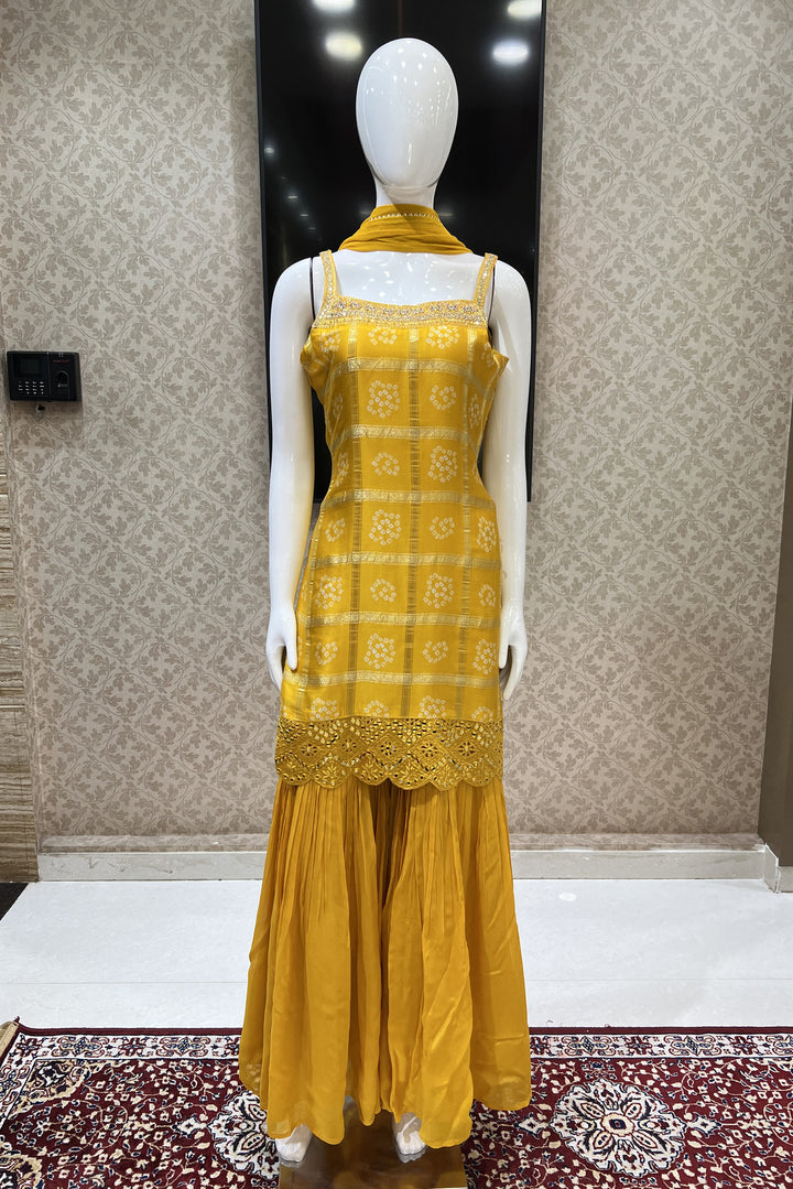 Yellow Mirror, Beads, Zardozi and Thread work with Bandini Print Sharara Salwar Suit