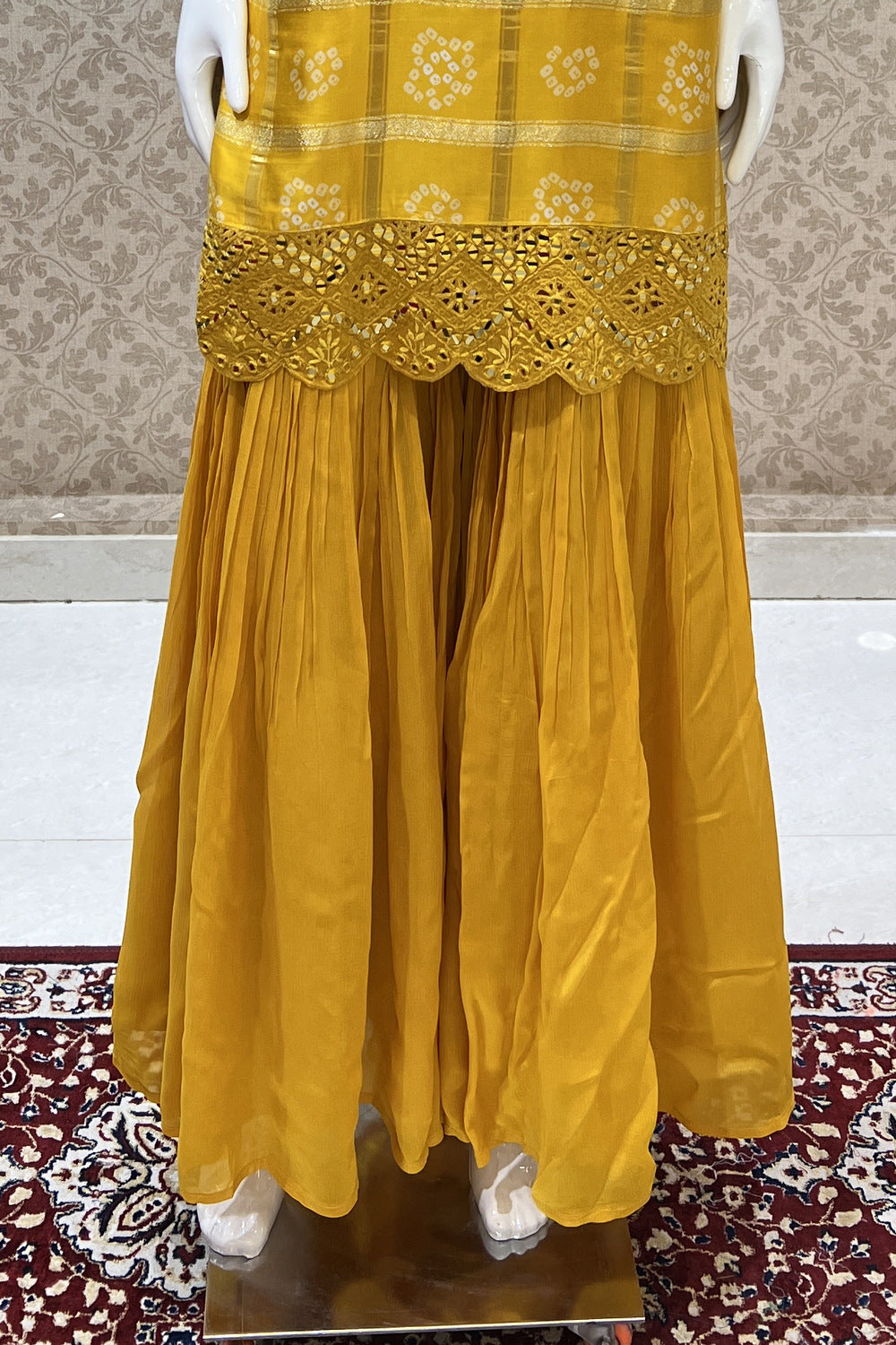 Yellow Mirror, Beads, Zardozi and Thread work with Bandini Print Sharara Salwar Suit