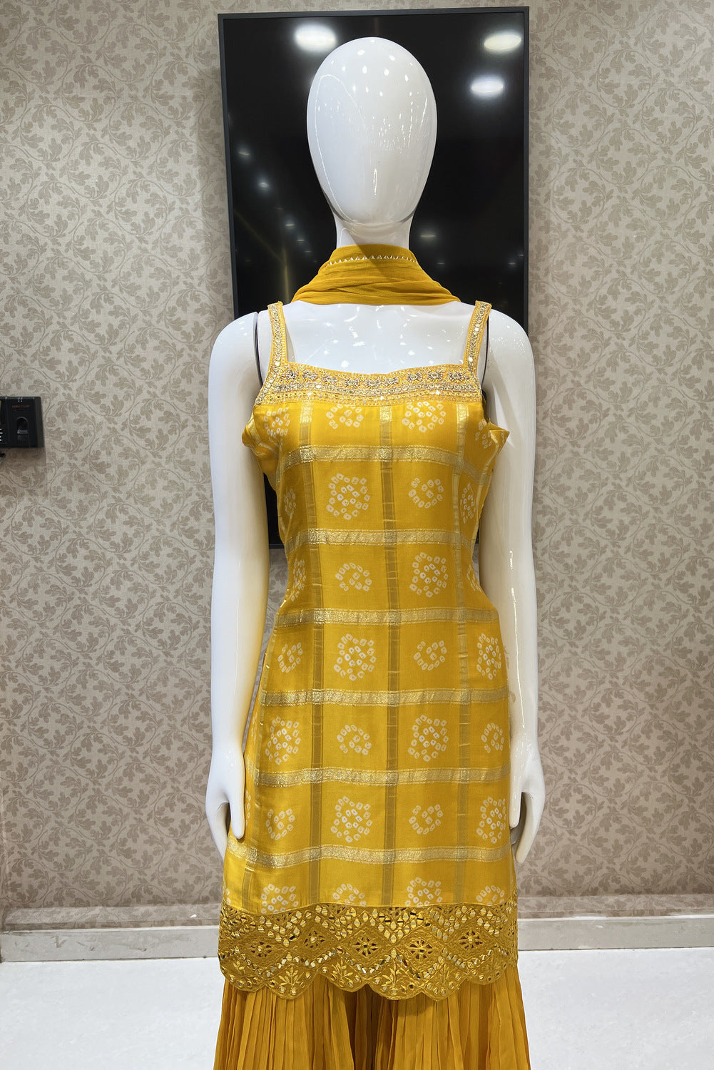 Yellow Mirror, Beads, Zardozi and Thread work with Bandini Print Sharara Salwar Suit