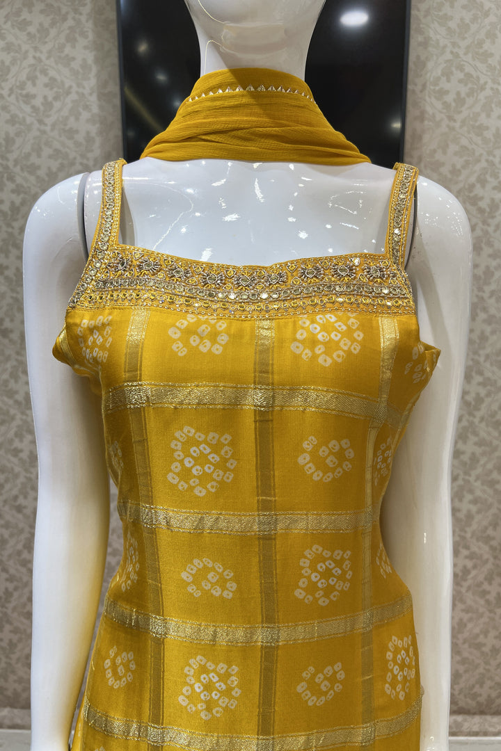 Yellow Mirror, Beads, Zardozi and Thread work with Bandini Print Sharara Salwar Suit