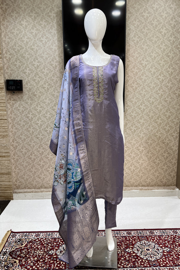 Lilac Zari, Thread and Beads work Straight Cut Salwar Suit