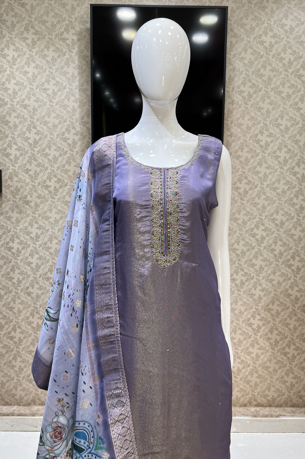 Lilac Zari, Thread and Beads work Straight Cut Salwar Suit