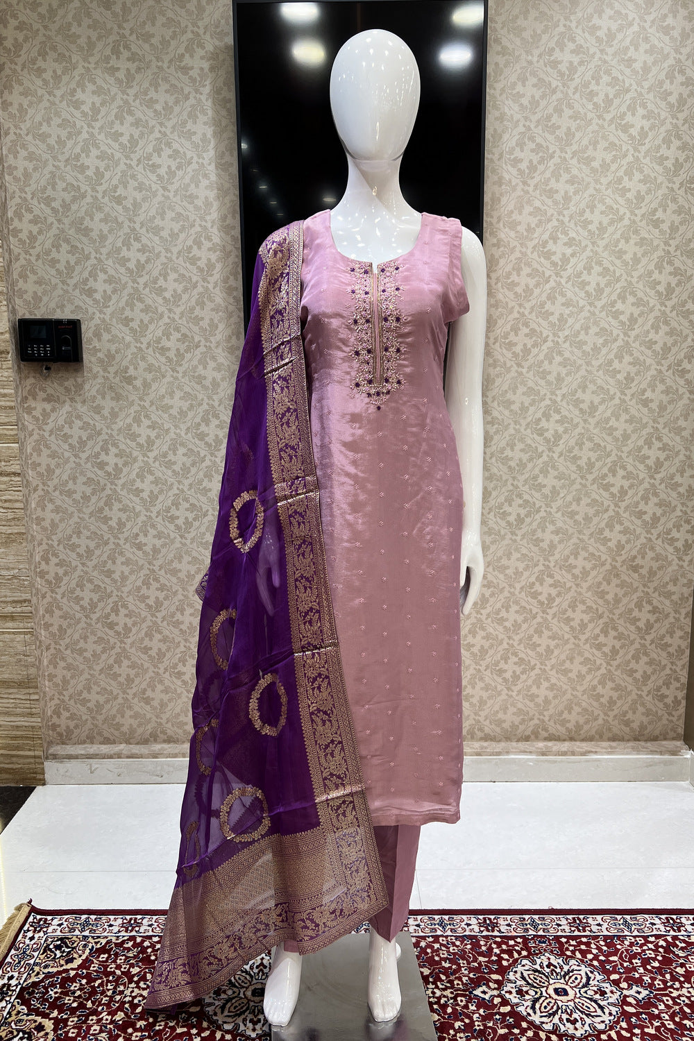 Onion Pink Beads, Thread, Sequins and Stone work Straight Cut Salwar Suit