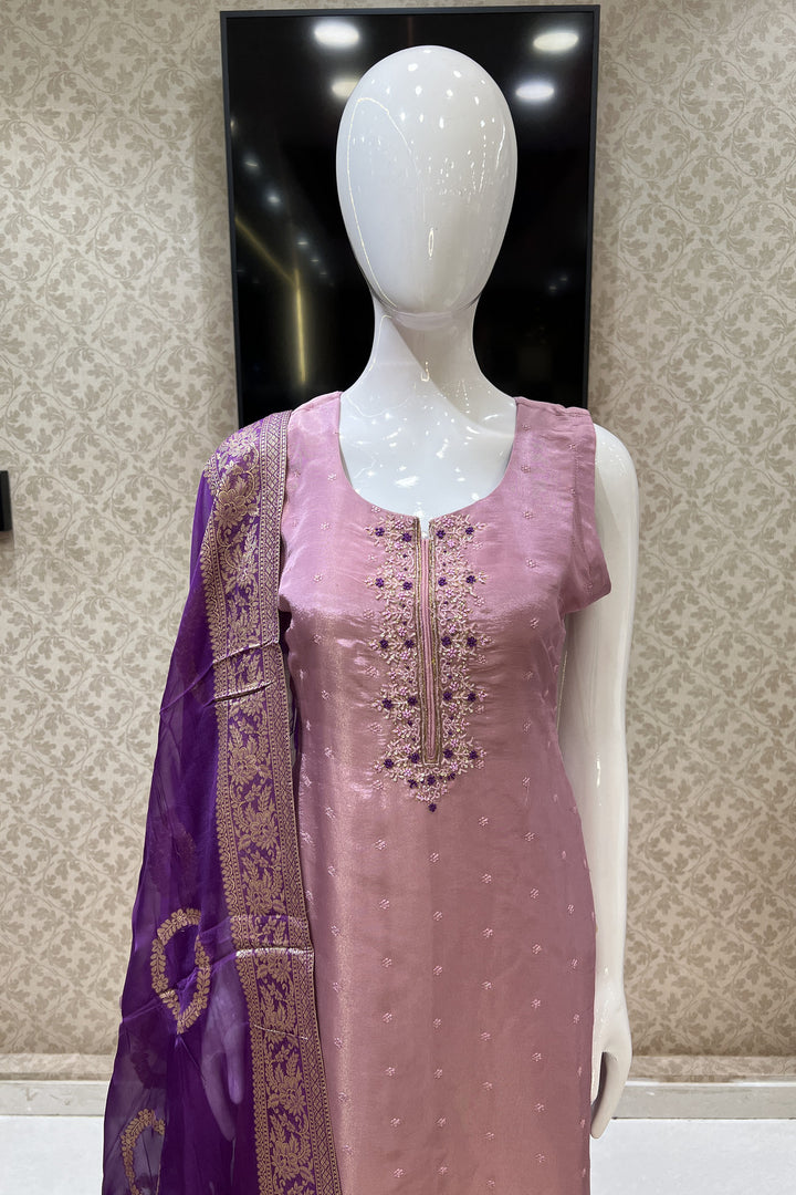 Onion Pink Beads, Thread, Sequins and Stone work Straight Cut Salwar Suit