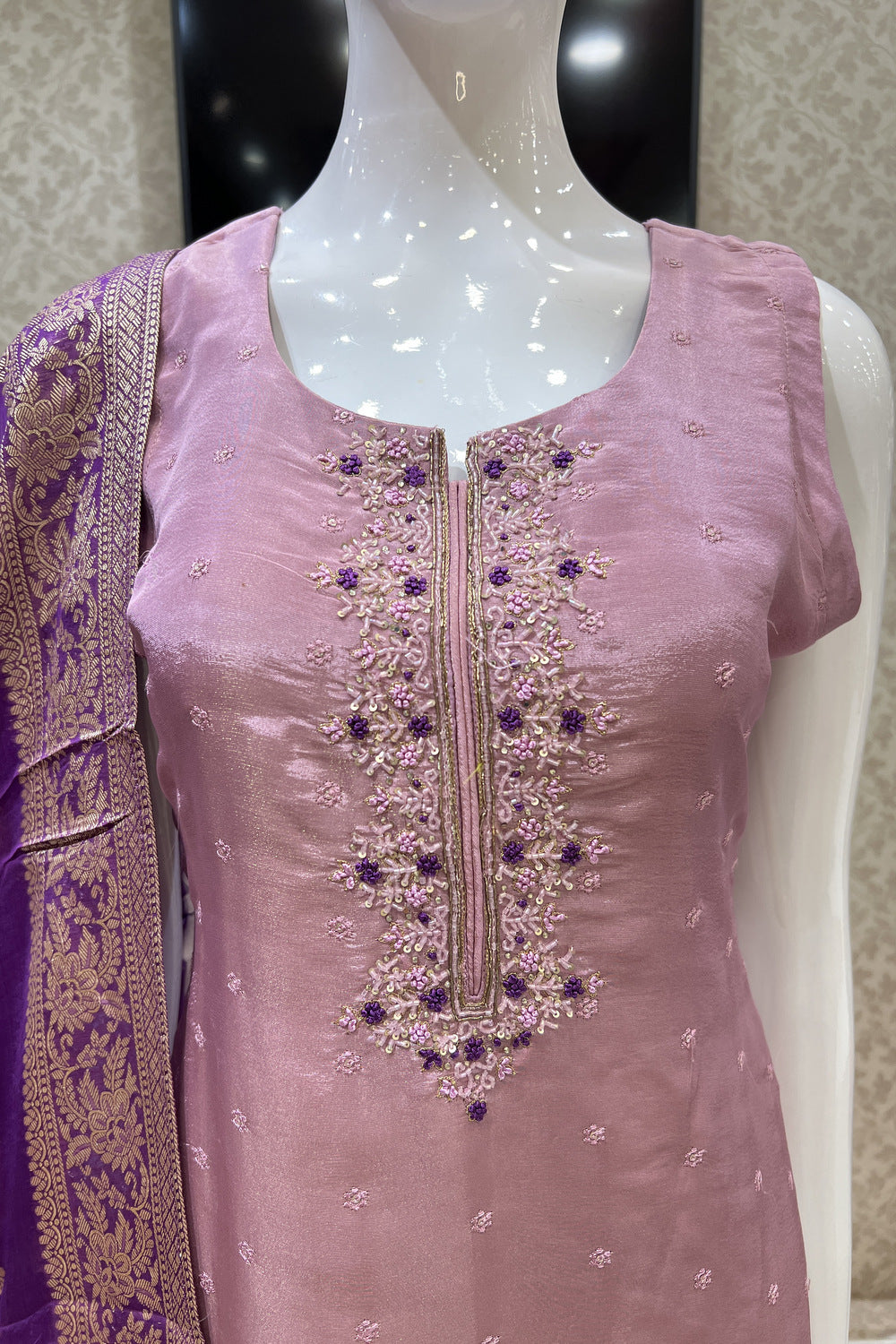 Onion Pink Beads, Thread, Sequins and Stone work Straight Cut Salwar Suit