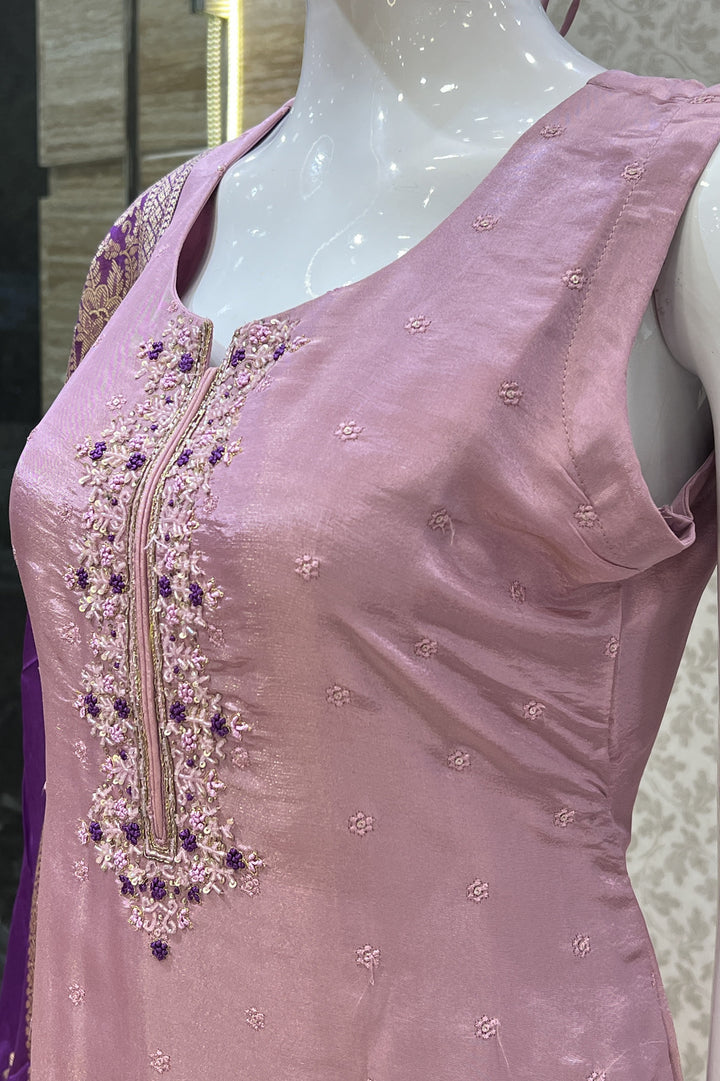 Onion Pink Beads, Thread, Sequins and Stone work Straight Cut Salwar Suit