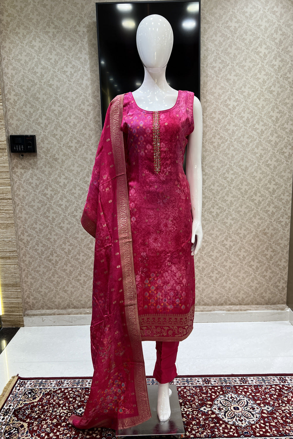 Rani Pink Banaras, Mirror and Sequins work with Digital Print Straight Cut Salwar Suit