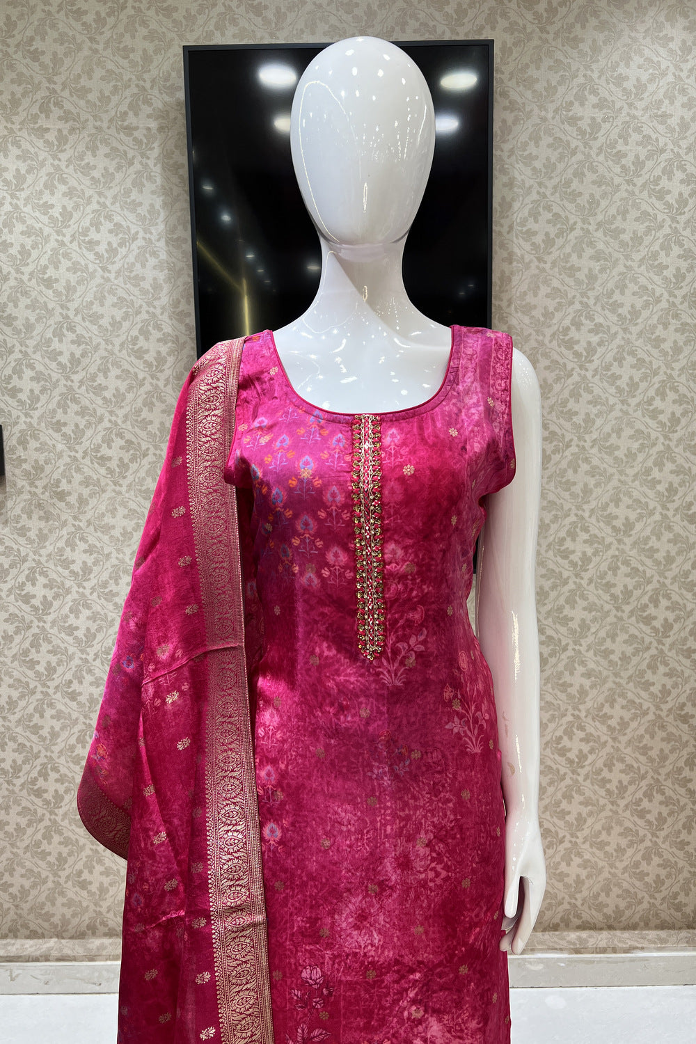 Rani Pink Banaras, Mirror and Sequins work with Digital Print Straight Cut Salwar Suit