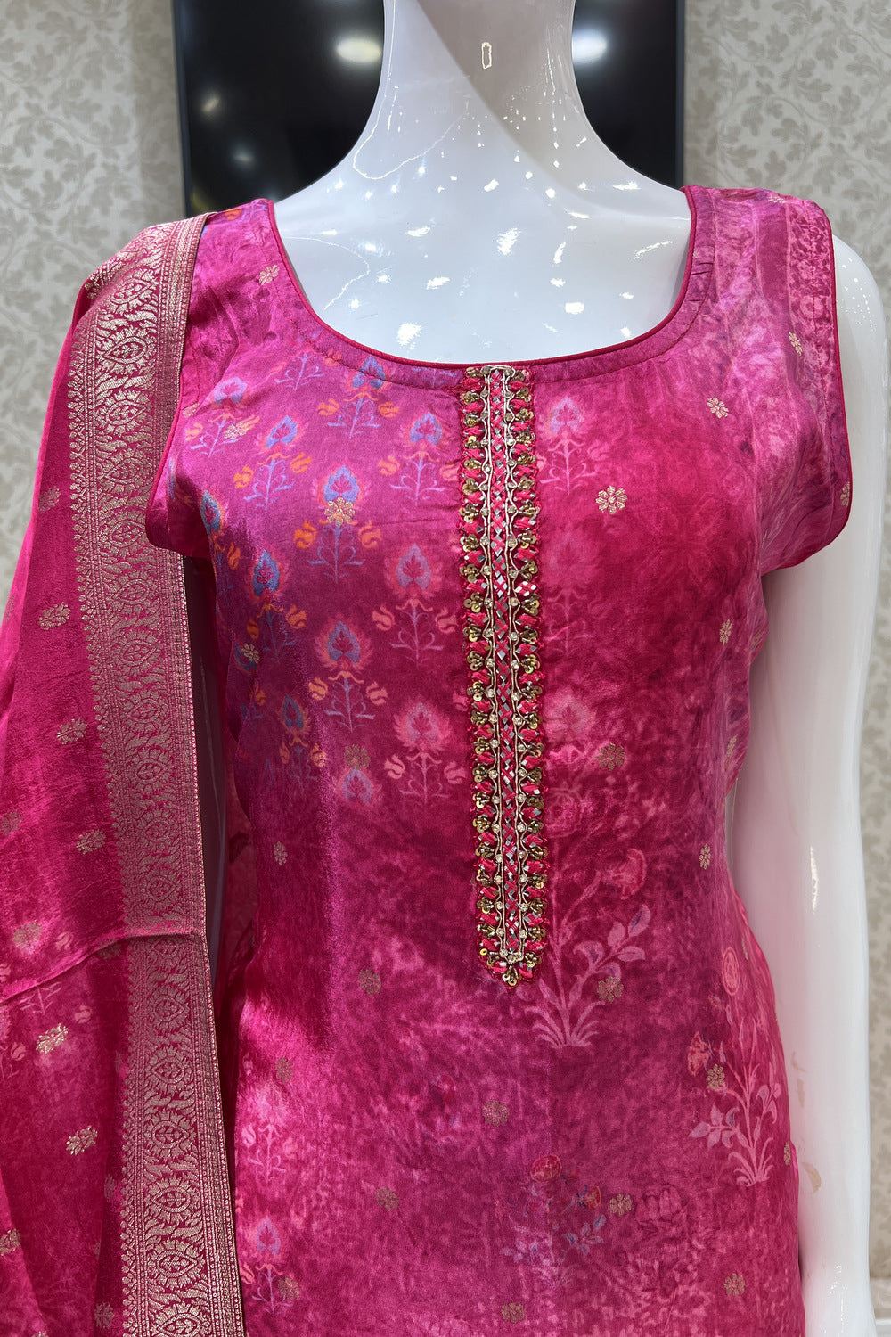 Rani Pink Banaras, Mirror and Sequins work with Digital Print Straight Cut Salwar Suit