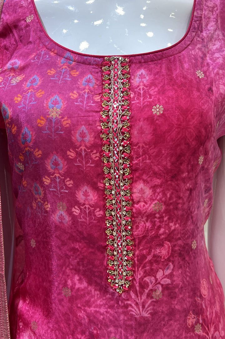 Rani Pink Banaras, Mirror and Sequins work with Digital Print Straight Cut Salwar Suit