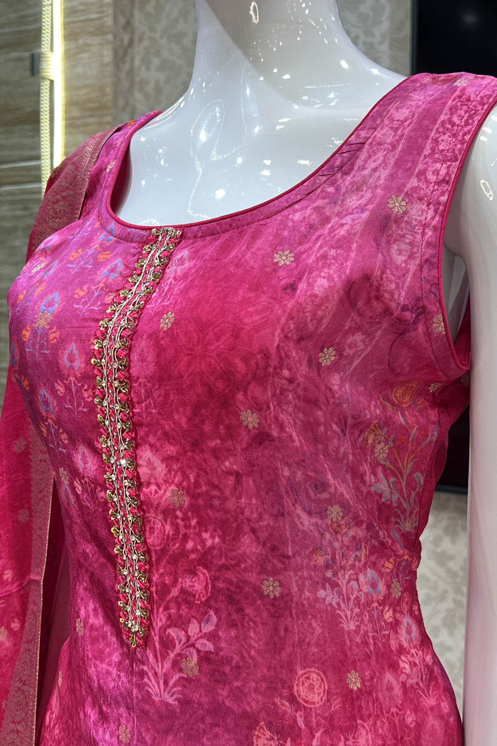 Rani Pink Banaras, Mirror and Sequins work with Digital Print Straight Cut Salwar Suit