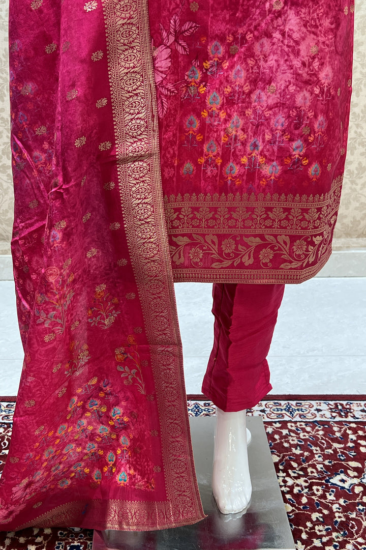 Rani Pink Banaras, Mirror and Sequins work with Digital Print Straight Cut Salwar Suit