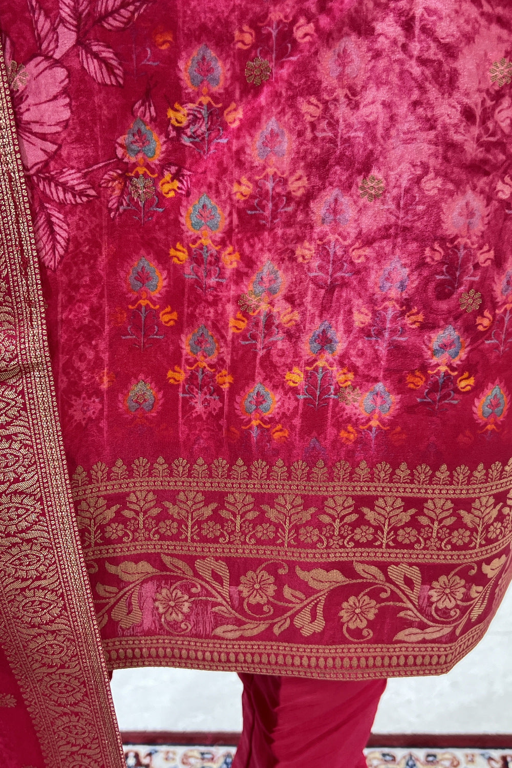 Rani Pink Banaras, Mirror and Sequins work with Digital Print Straight Cut Salwar Suit