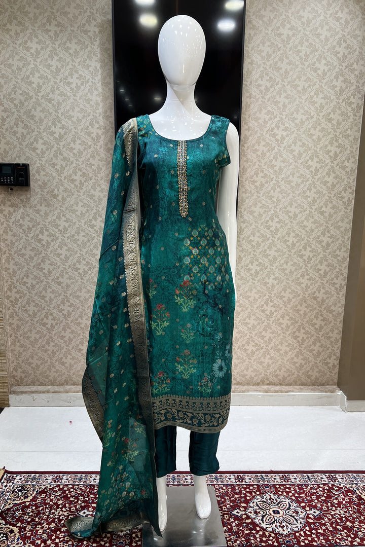 Bottle Green Banaras, Mirror and Sequins work with Digital Print Straight Cut Salwar Suit