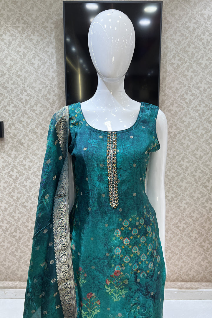 Bottle Green Banaras, Mirror and Sequins work with Digital Print Straight Cut Salwar Suit