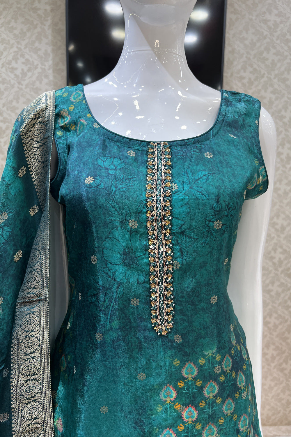 Bottle Green Banaras, Mirror and Sequins work with Digital Print Straight Cut Salwar Suit