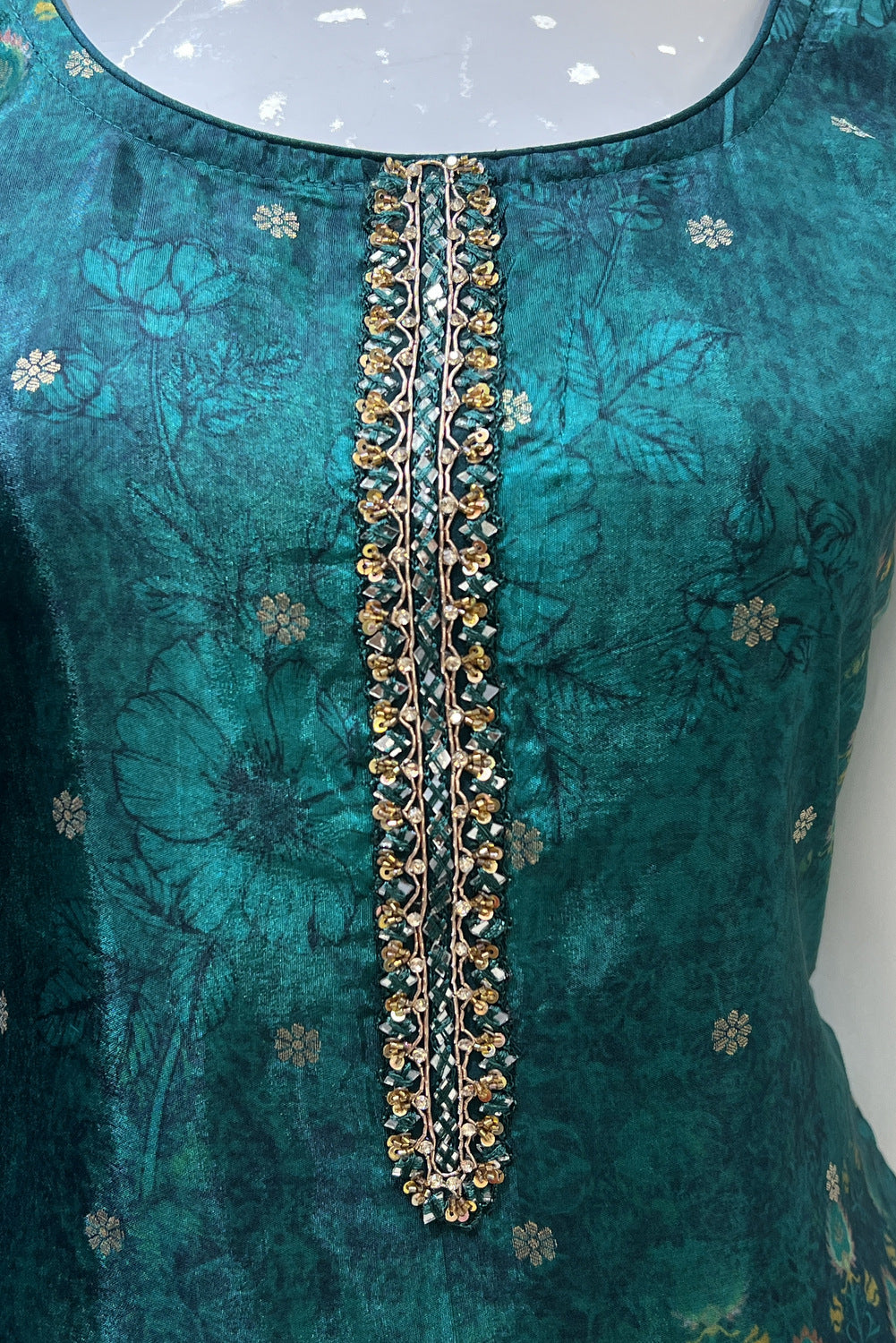 Bottle Green Banaras, Mirror and Sequins work with Digital Print Straight Cut Salwar Suit