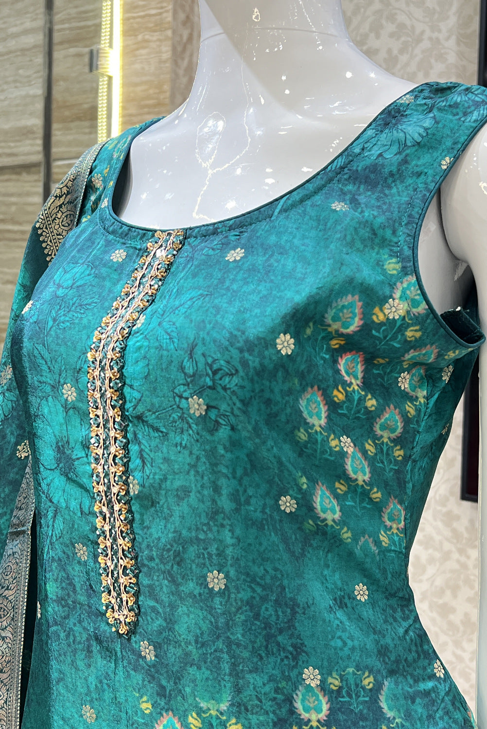 Bottle Green Banaras, Mirror and Sequins work with Digital Print Straight Cut Salwar Suit