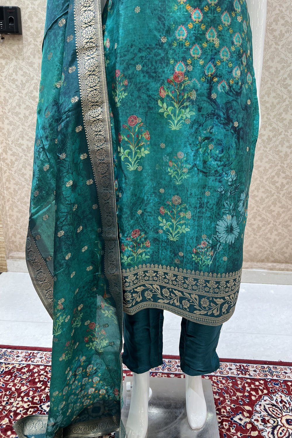 Bottle Green Banaras, Mirror and Sequins work with Digital Print Straight Cut Salwar Suit