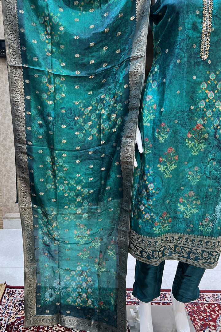 Bottle Green Banaras, Mirror and Sequins work with Digital Print Straight Cut Salwar Suit