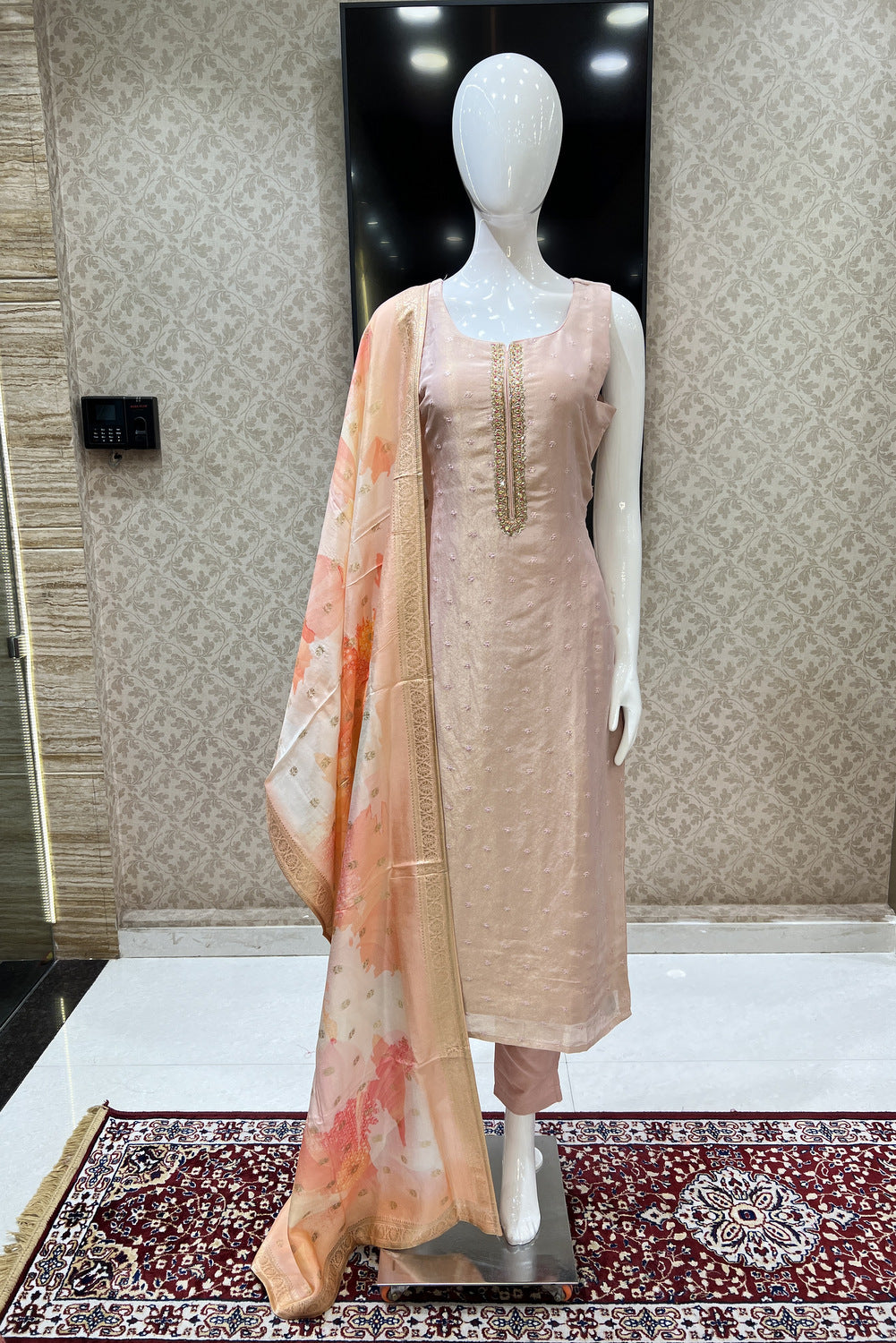 Peach Beads, Sequins, Thread, Banaras and Mirror work Straight Cut Salwar Suit