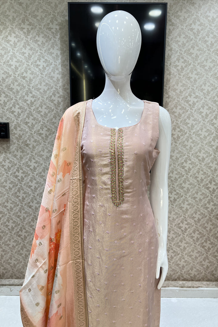 Peach Beads, Sequins, Thread, Banaras and Mirror work Straight Cut Salwar Suit