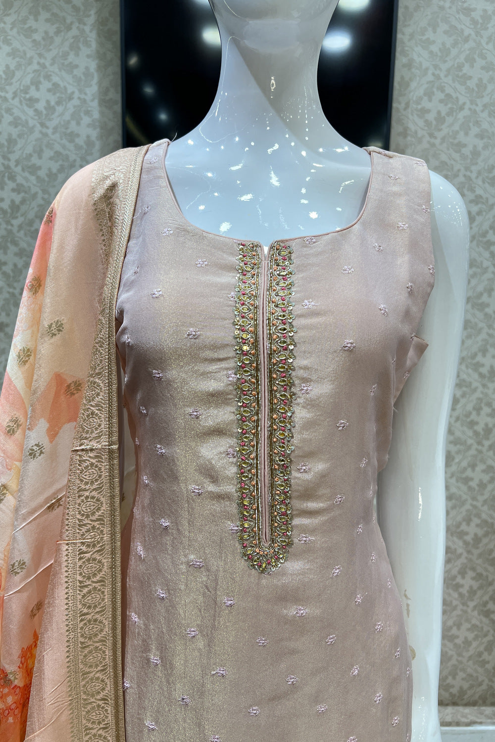 Peach Beads, Sequins, Thread, Banaras and Mirror work Straight Cut Salwar Suit