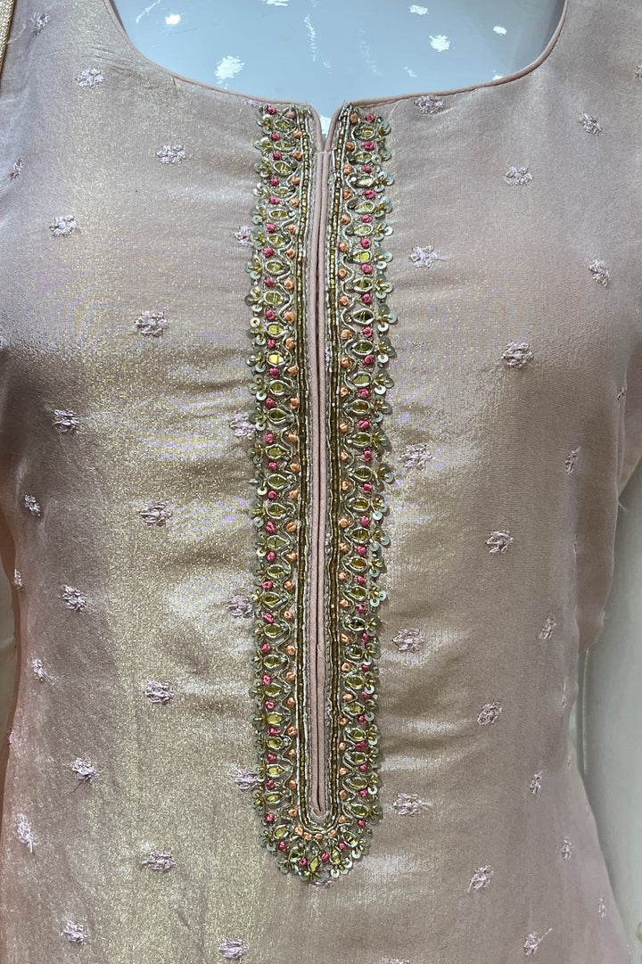 Peach Beads, Sequins, Thread, Banaras and Mirror work Straight Cut Salwar Suit