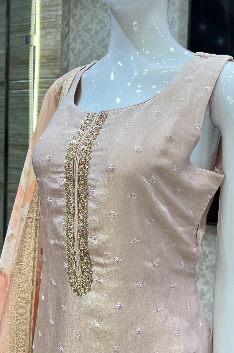 Peach Beads, Sequins, Thread, Banaras and Mirror work Straight Cut Salwar Suit