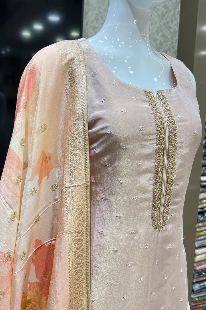 Peach Beads, Sequins, Thread, Banaras and Mirror work Straight Cut Salwar Suit