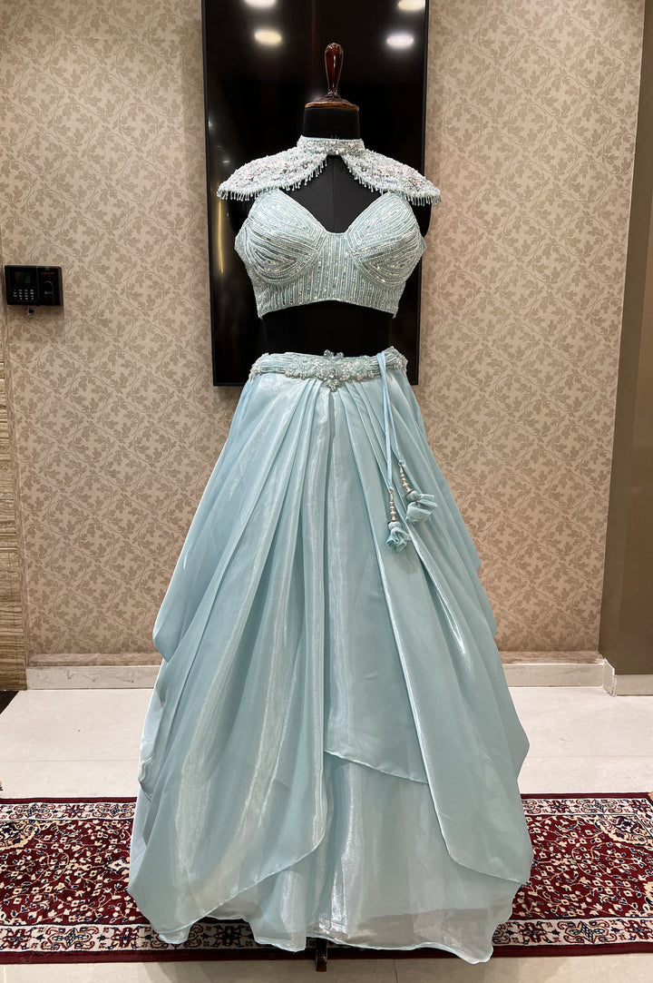 Sky Blue Beads, Sequins and Pearl work with Poncho Crop Top Lehenga