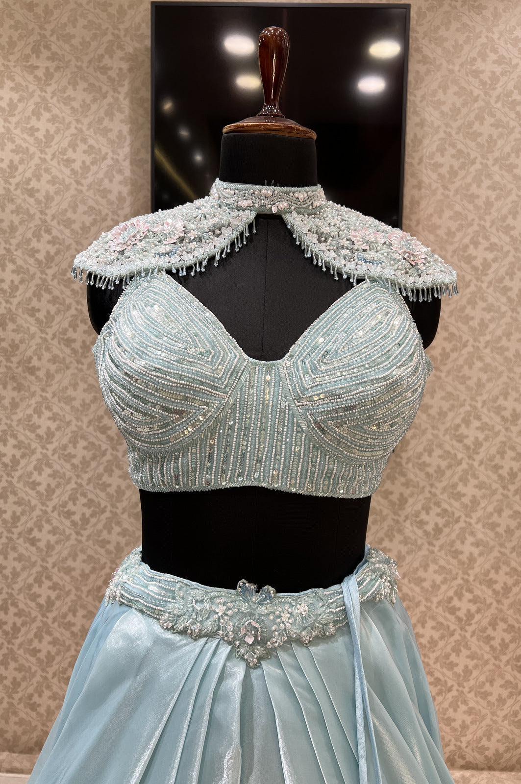 Sky Blue Beads, Sequins and Pearl work with Poncho Crop Top Lehenga